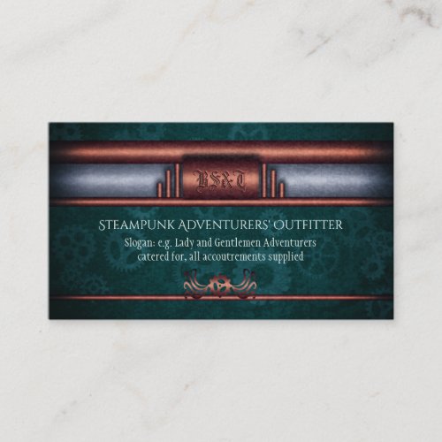 Steampunk Outfitters, copper on teal cogs Monogram Business Card
