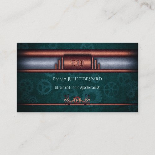 Steampunk Outfitters, copper on teal cogs Monogram Business Card