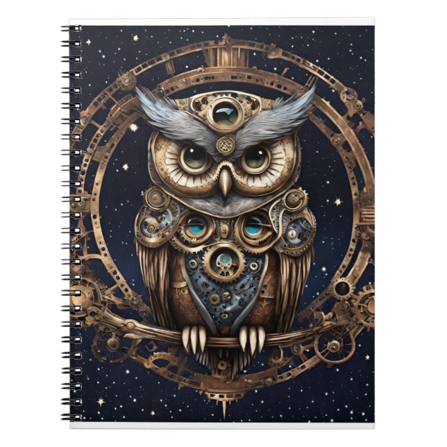 Steampunk Owl Against the Starry Sky Notebook (Front)