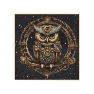 Steampunk Owl Against the Starry Sky Wood Wall Art