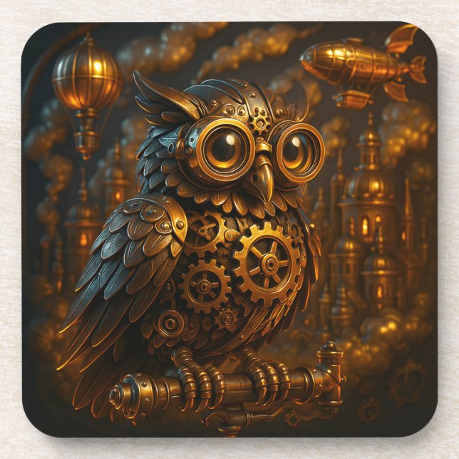 Steampunk Owl,  Beverage Coaster (Front)
