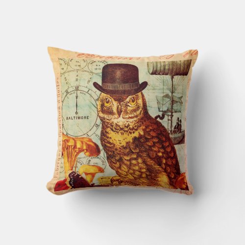 Steampunk Owl Bowler Hat Collage Throw Pillow