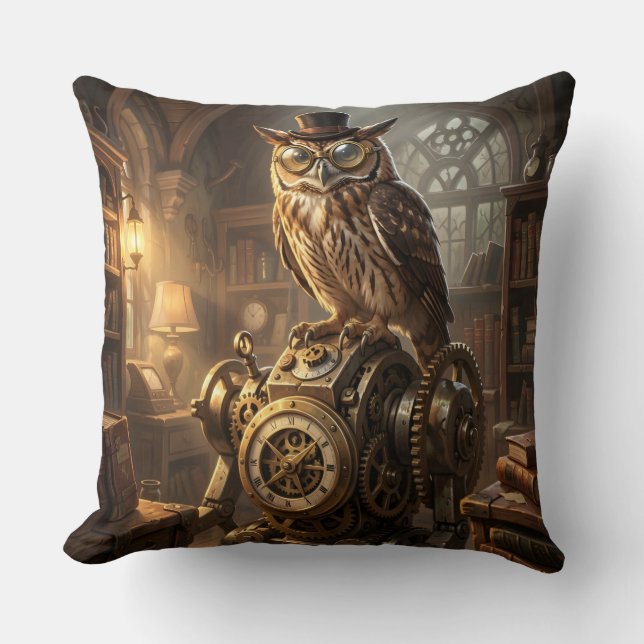 steampunk owl clockwork art pillow (Front)
