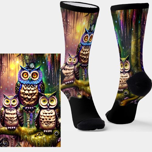 Steampunk Owl Family in the Forest on Black        Socks