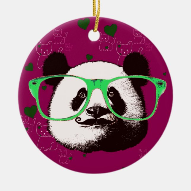 Steampunk Panda Bear in Glasses with Moustache Ceramic Ornament (Front)
