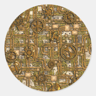 Steampunk Panel - Gears and Pipes - Brass Classic Round Sticker