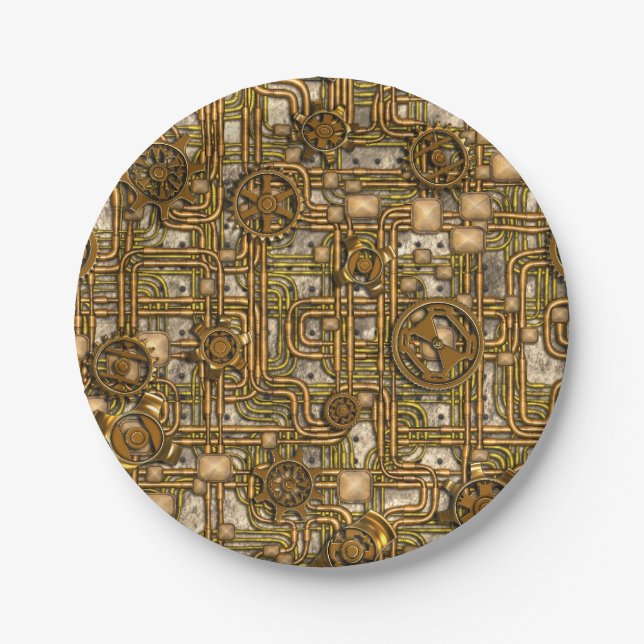 Steampunk Panel - Gears and Pipes - Brass Paper Plates (Front)