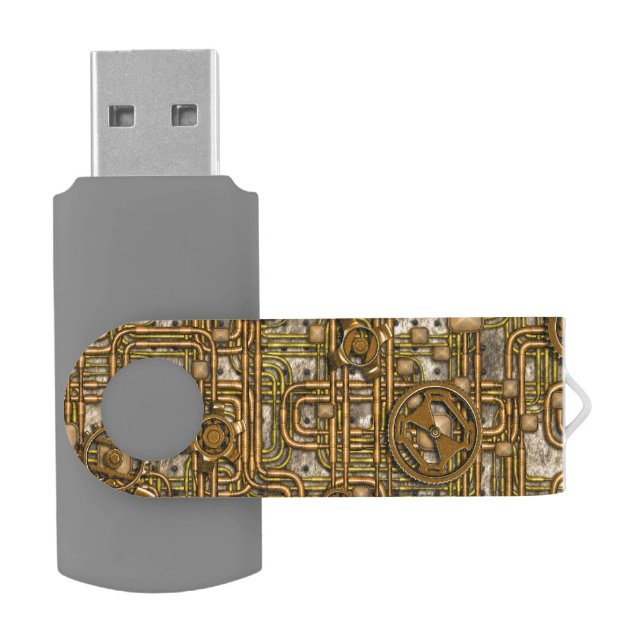 Steampunk Panel - Gears and Pipes - Brass USB Flash Drive (Opened)