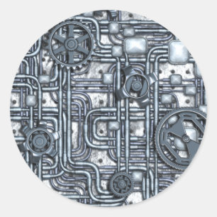 Steampunk Panel - Gears and Pipes - Steel Classic Round Sticker