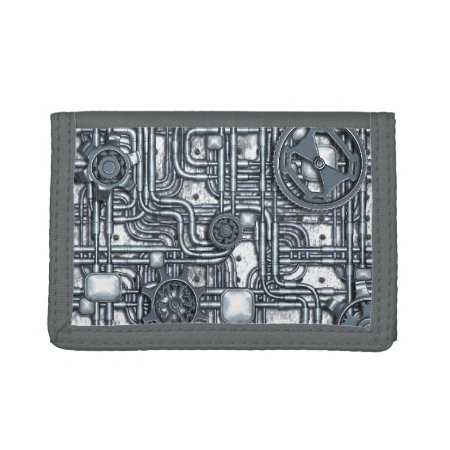 Steampunk Panel - Gears And Pipes - Steel Tri-fold Wallet