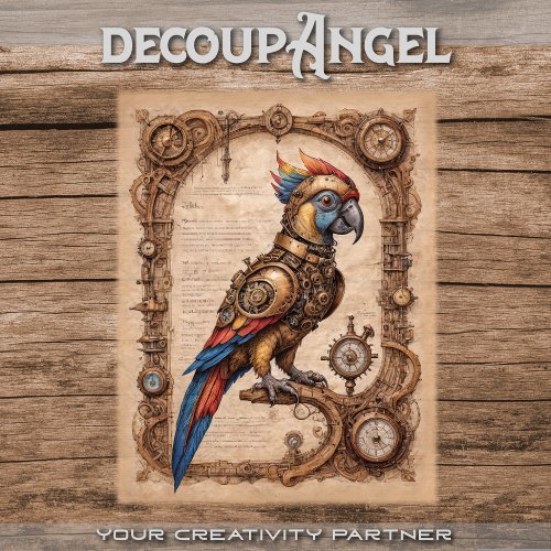 Steampunk parrot on parchment _ decoupage _  tissue paper