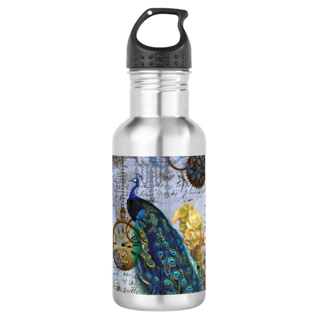 Steampunk Peacock Time Clock Yellow Roses Water Bottle (Front)