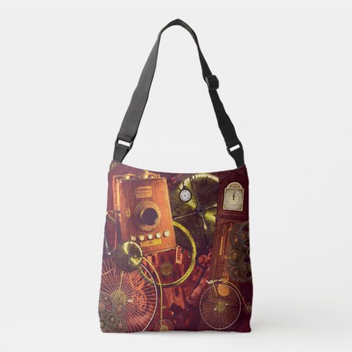 Steampunk penny-farthings grandfather clock gears crossbody bag