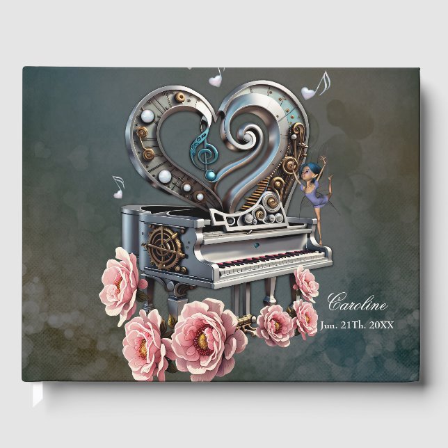 Steampunk piano with heart guest book (Front)