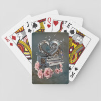 Steampunk piano with heart playing cards