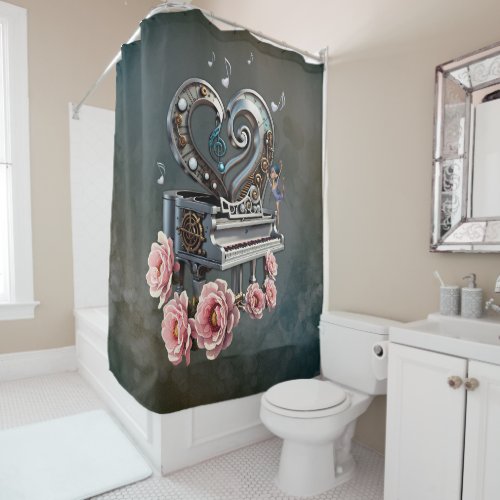 Steampunk piano with heart shower curtain