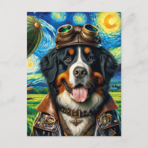 Steampunk Pilot Bernese Mountain Dog Van Gogh Postcard