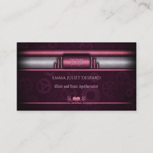 Steampunk, pink hearts and gears, Monogram Business Card
