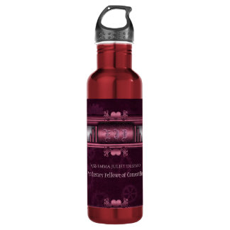 Steampunk, pink hearts on gears, Monogram Stainless Steel Water Bottle