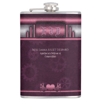 Steampunk, pink metallic heart and gears, Monogram Flask