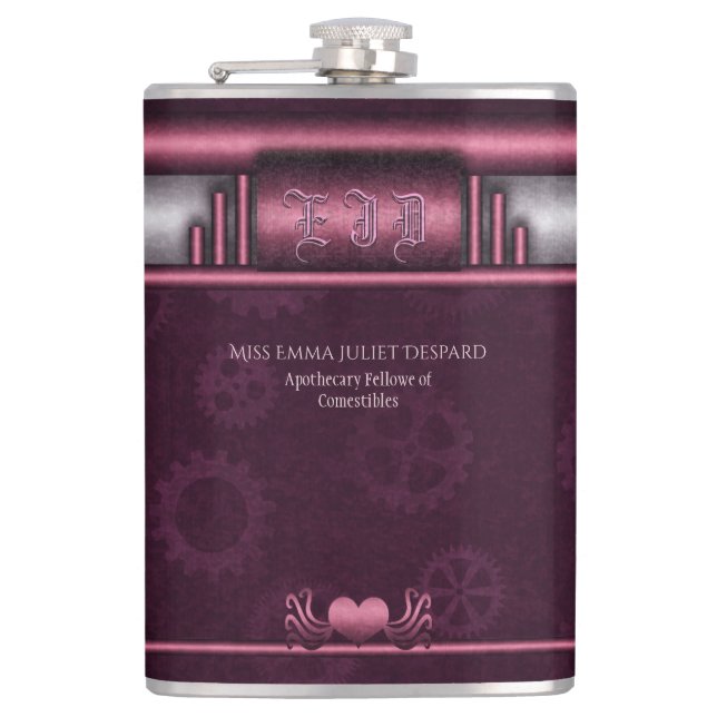 Steampunk, pink metallic heart and gears, Monogram Flask (Front)