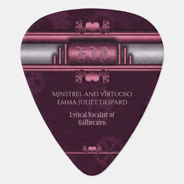 Steampunk, pink metallic heart, gears Monogram Guitar Pick (Front)