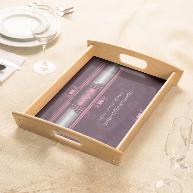 Steampunk, pink metallic heart Monogram Serving Tray (Front)