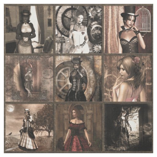 Steampunk Pinups Quilt Block Print Fabric