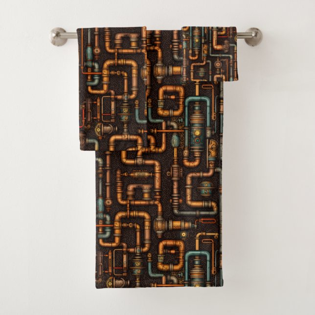 Steampunk pipes pattern bath towel set (Insitu)