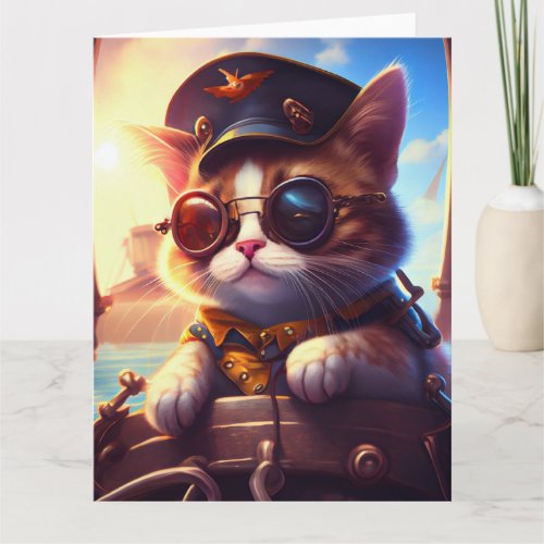 Steampunk Pirate Ship Captain Cat Card