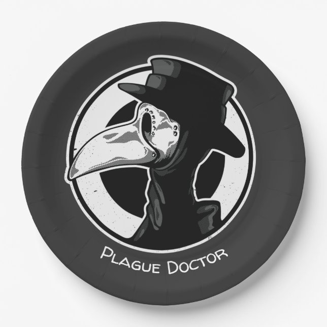 Steampunk Plague Doctor Bird Mask B/W Paper Plates (Front)