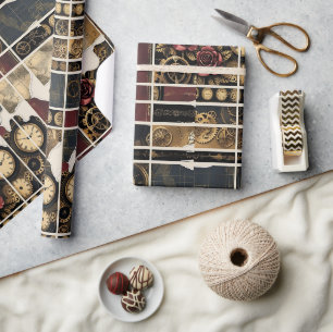 Steampunk Plum Roses & Gears Wrapping Paper