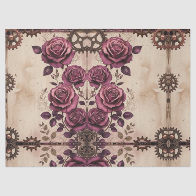 Steampunk Plum Roses & Gears Wrapping Paper (Front)