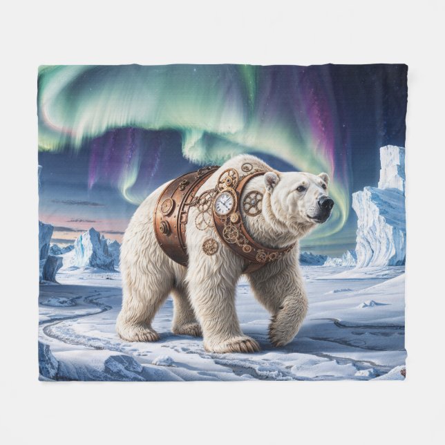 Steampunk Polar Bear and Aurora Art Fleece Blanket (Front (Horizontal))