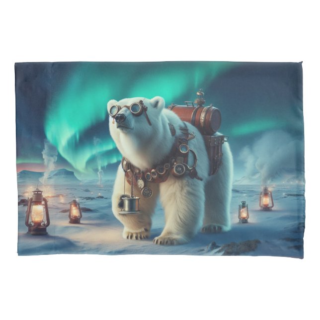 Steampunk Polar Bear and Aurora Art Pillow Case (Front)