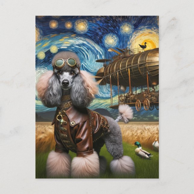 Steampunk Poodle and Ducks Van Gogh Postcard (Front)