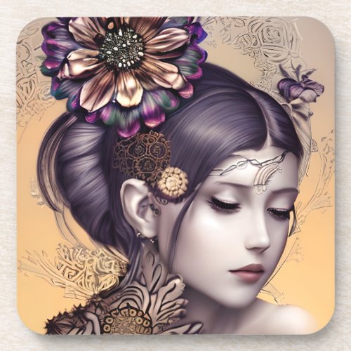 Steampunk Princess with a Copper Colored Flower Beverage Coaster