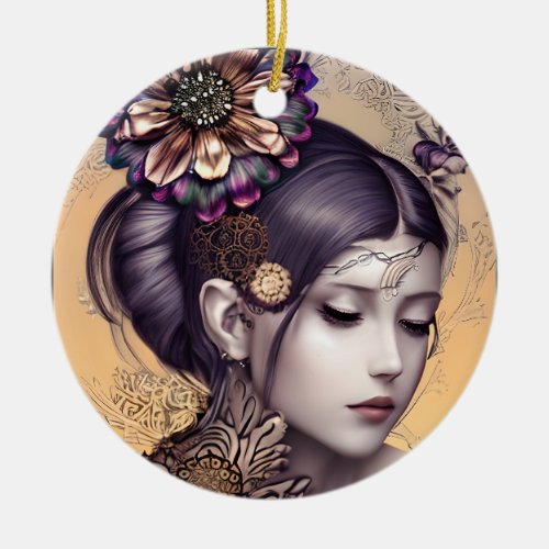 Steampunk Princess with a Copper Colored Flower Ceramic Ornament