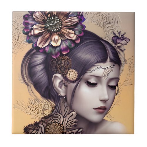 Steampunk Princess with a Copper Colored Flower Ceramic Tile