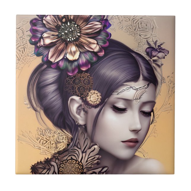 Steampunk Princess with a Copper Colored Flower Ceramic Tile (Front)