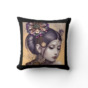 Steampunk Princess with a Copper Colored Flower Throw Pillow