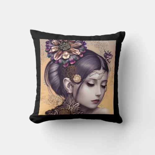 Steampunk Princess with a Copper Colored Flower Throw Pillow