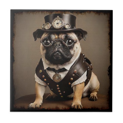 Steampunk Pug Artistic Portrait Ceramic Tile