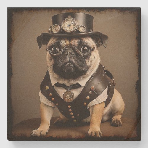 Steampunk Pug Artistic Portrait Stone Coaster