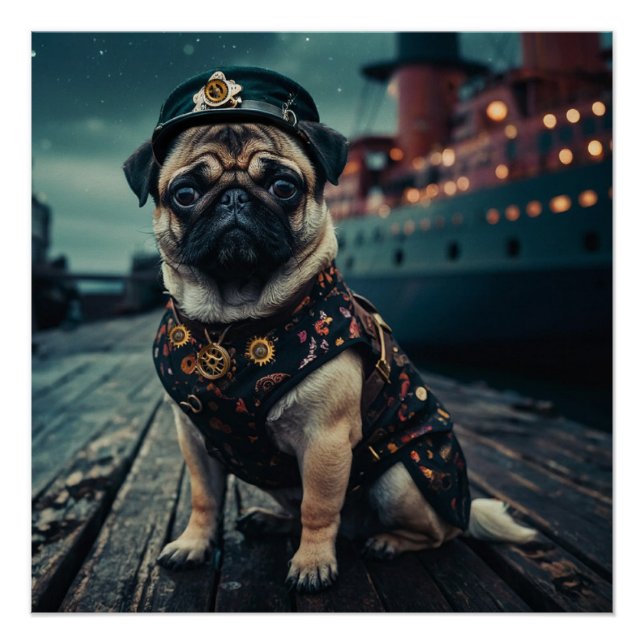 Steampunk Pug Shipmaster Portrait Poster (Front)