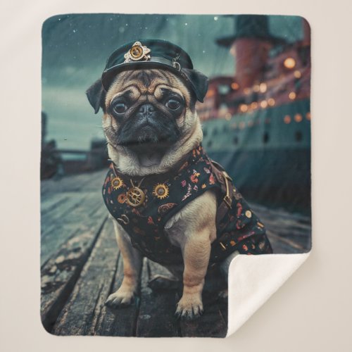 Steampunk Pug Shipmaster Portrait Sherpa Blanket