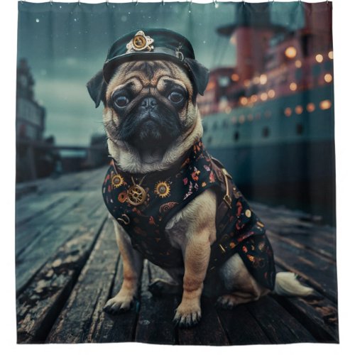 Steampunk Pug Shipmaster Portrait Shower Curtain