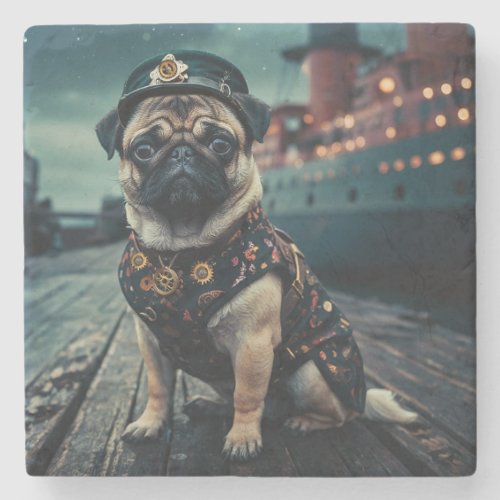 Steampunk Pug Shipmaster Portrait Stone Coaster