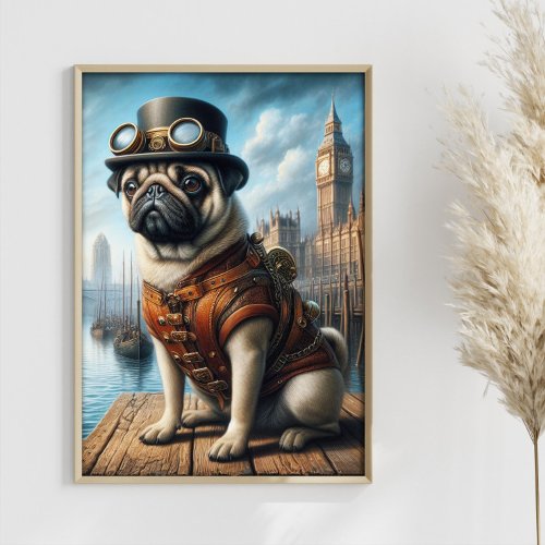 Steampunk Pug Surreal Art Old London Docks Poster