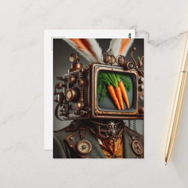 Steampunk RabbitMan With A TV Head showing Carrots Postcard (Front/Back In Situ)